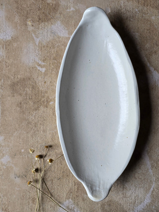 Handmade White Oval Ceramic Serving Dish | Rustic Stoneware Platter with Earthy Clay Flecks | Versatile Artisan Bowl | Everyday Functional Pottery | Modern Farmhouse Kitchen Decor