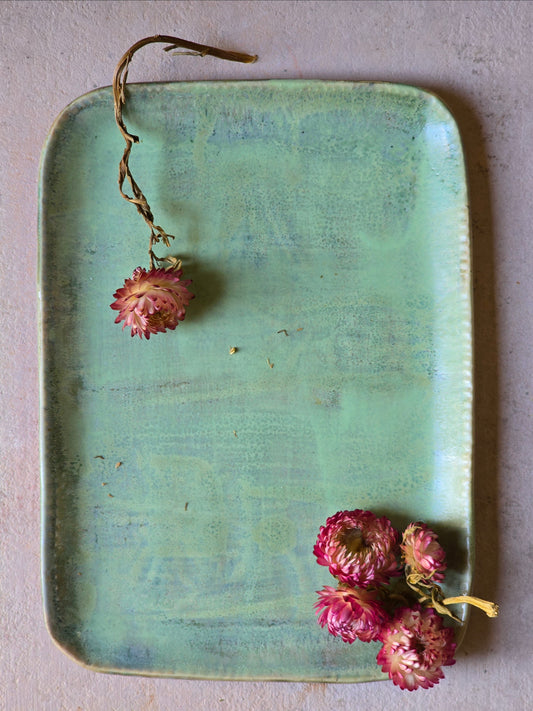Handmade Ceramic Serving Tray – Rectangular with Rounded Edges, Raw Silk - Like Glaze in Green & Blue