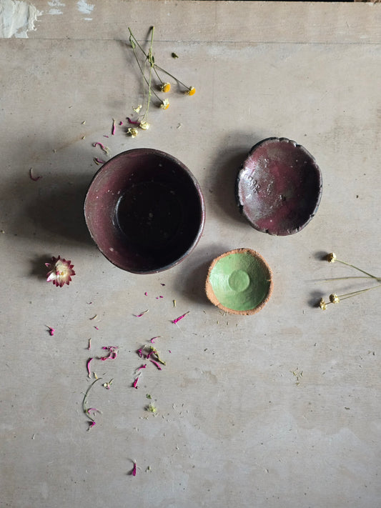 Rustic Handmade Ceramic Bowls – Deep Plum, Apple Green & Floral Dish – Unique Pottery for Serving, Jewellery, or Decor