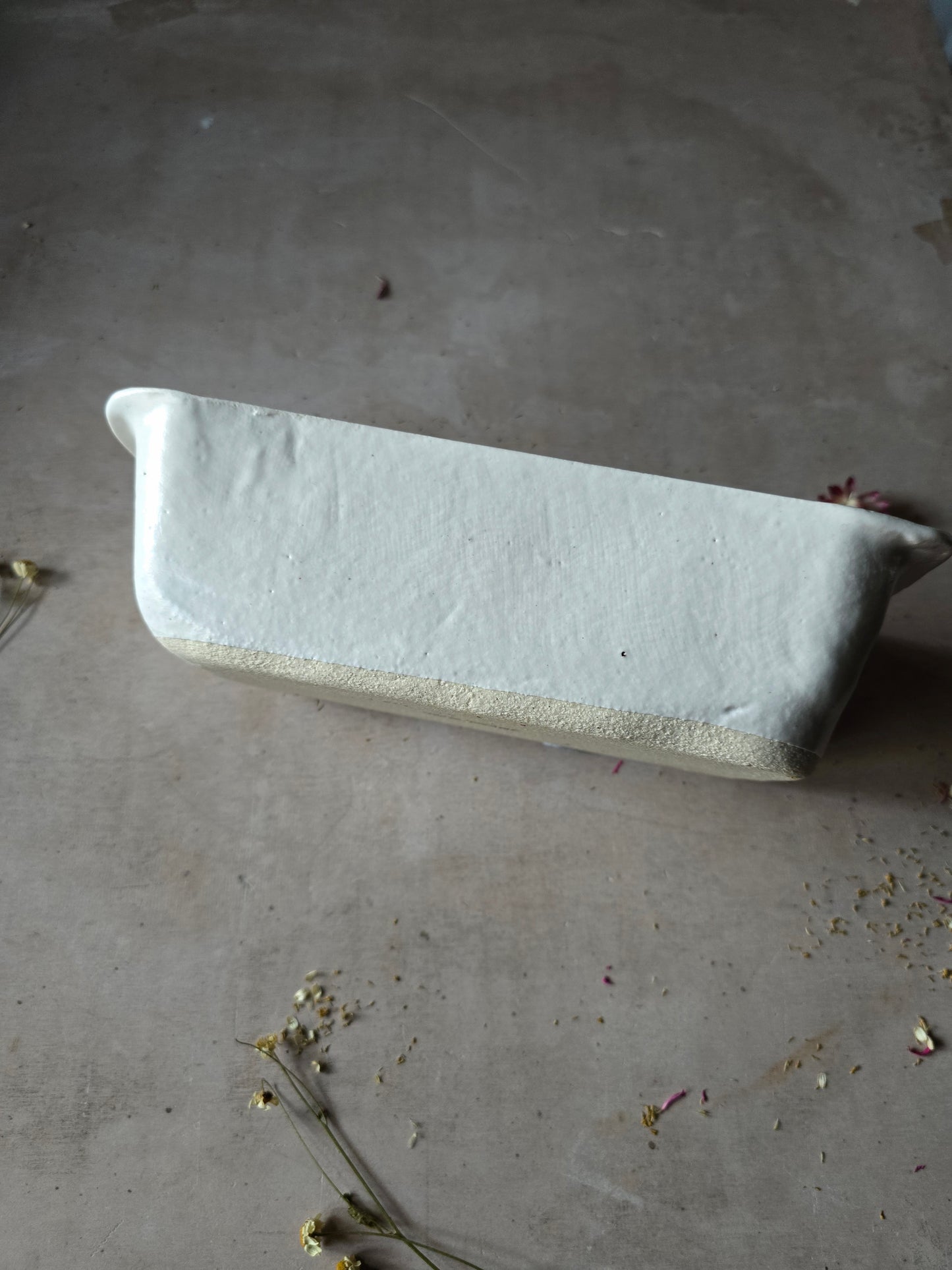 Handmade Rectangular Deep Serving Dish – Milky White Glaze with Side Handles (Organic Form)