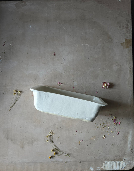 Handmade Rectangular Deep Serving Dish – Milky White Glaze with Side Handles (Organic Form)