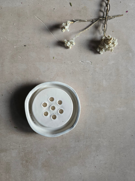 Milky White Stoneware Soap Dish with Drainage Tray – Handmade, Organic Shape, Seconds Quality