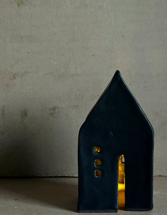 Handmade Illuminating House – Minimalist Navy Glaze with LED Light, Ceramic Cosy Home Décor