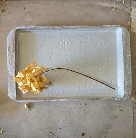 One-of-a-Kind Handmade Rectangular Serving Dish – Matte White Glaze with Botanical Imprints & Side Handles (Imperfect, Discounted)
