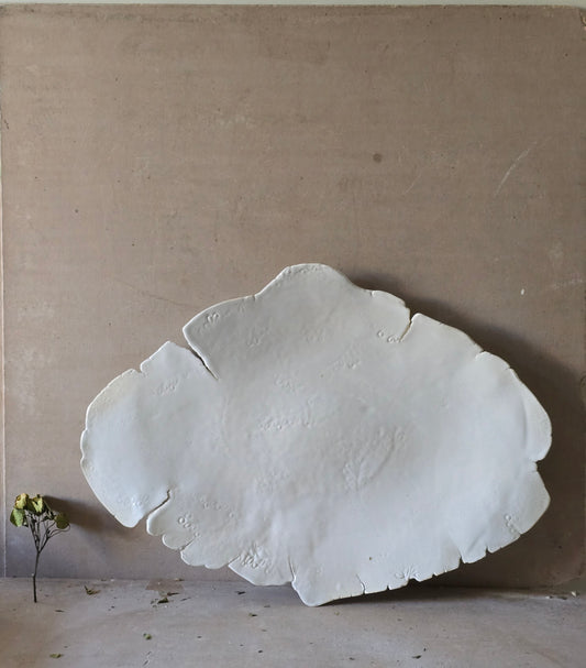 Handmade Sculptural Ceramic Serving Tray – Milky White Botanical Imprint on Organic Form