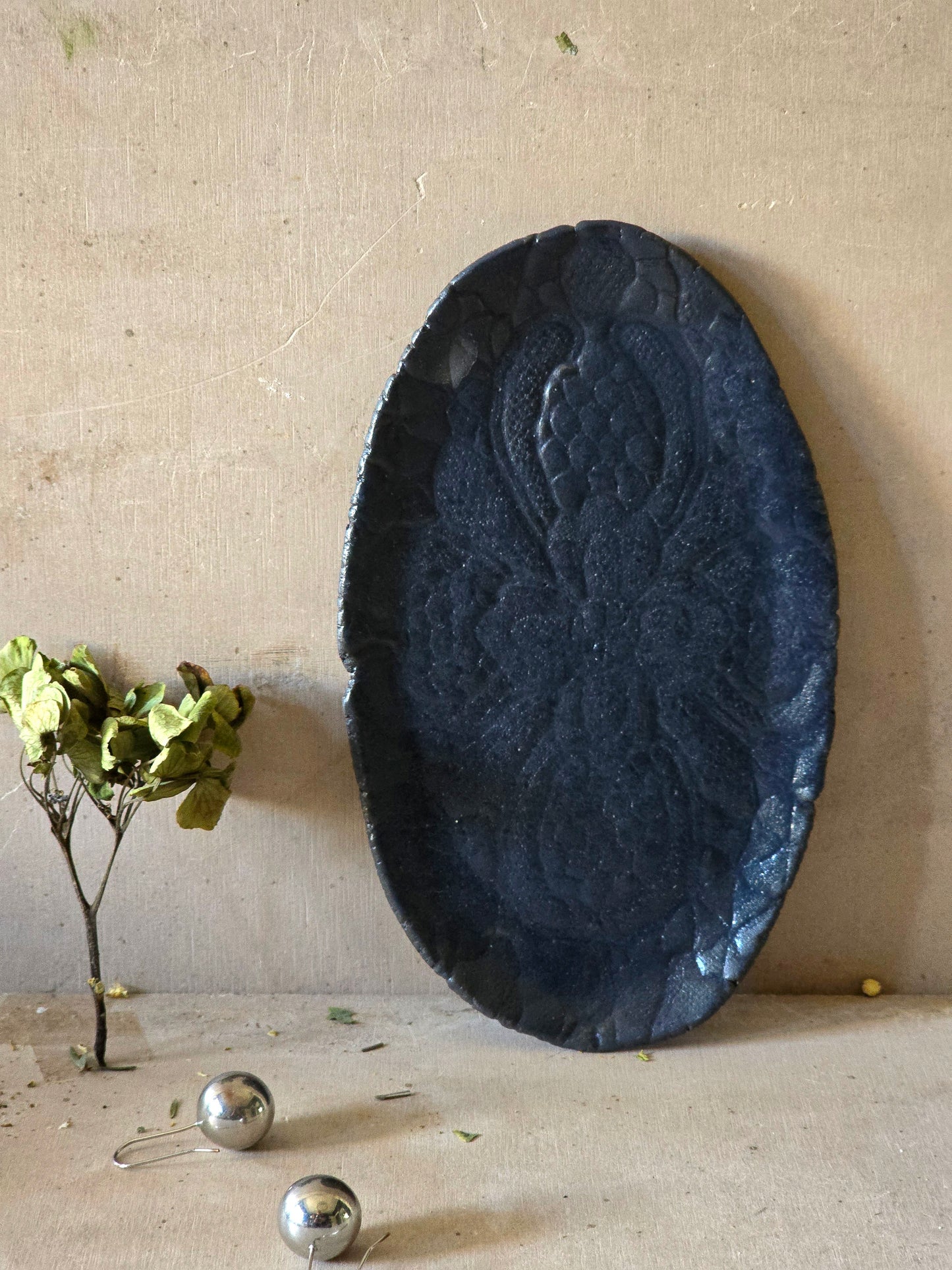 Handmade Oval Navy Ceramic Dish with Pressed Floral Cross – Rustic Snack Plate or Home Decor