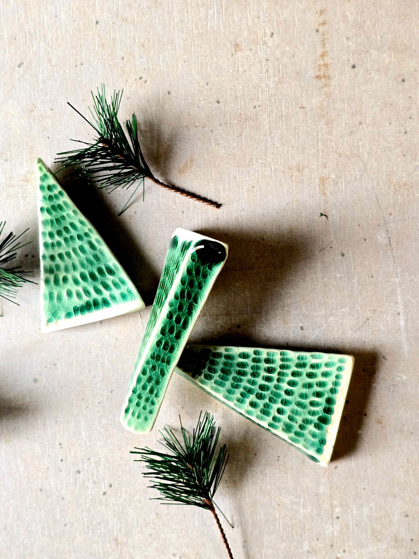 Emerald Snow — Handcrafted Green Crackle Glazed Christmas Tree Decorations (Bundle of Three)