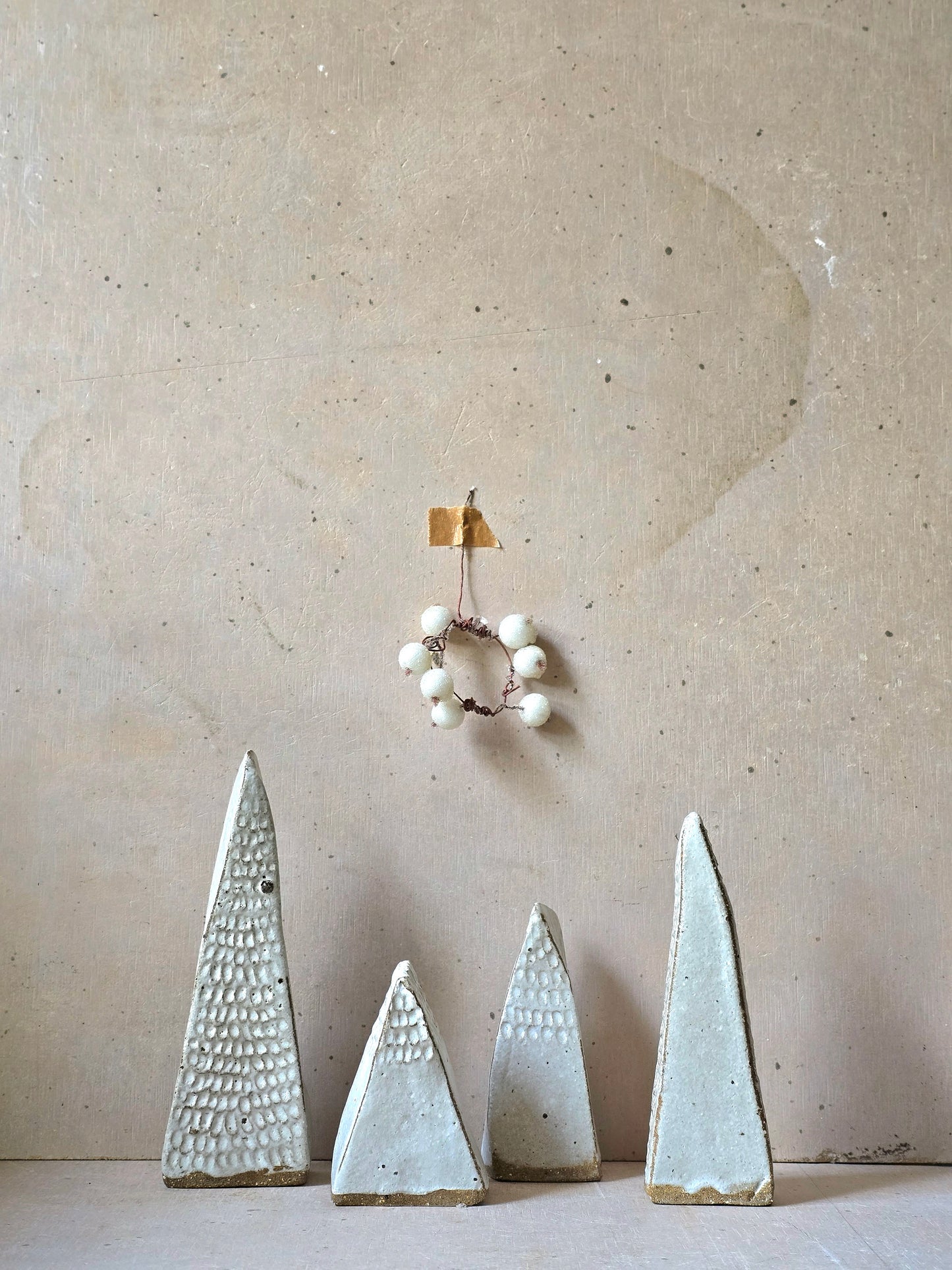 Handcrafted Rustic Ceramic Christmas Tree Decorations – Set of 4 in Dove Grey White Glaze