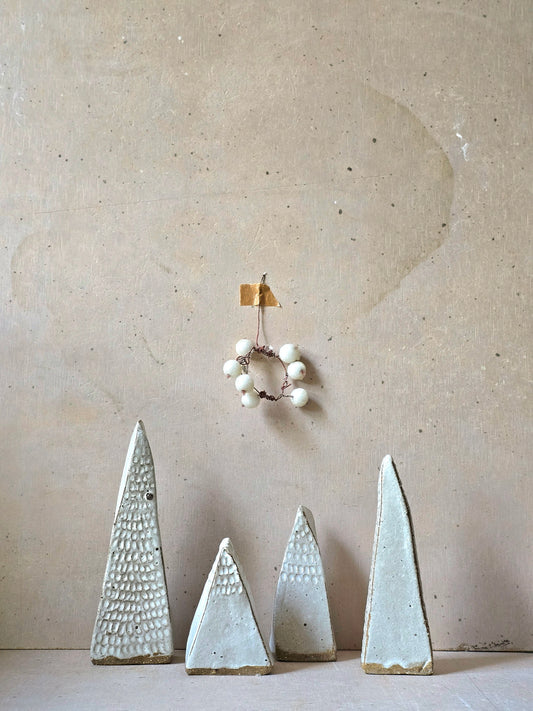 Handcrafted Rustic Ceramic Christmas Tree Decorations – Set of 4 in Dove Grey White Glaze