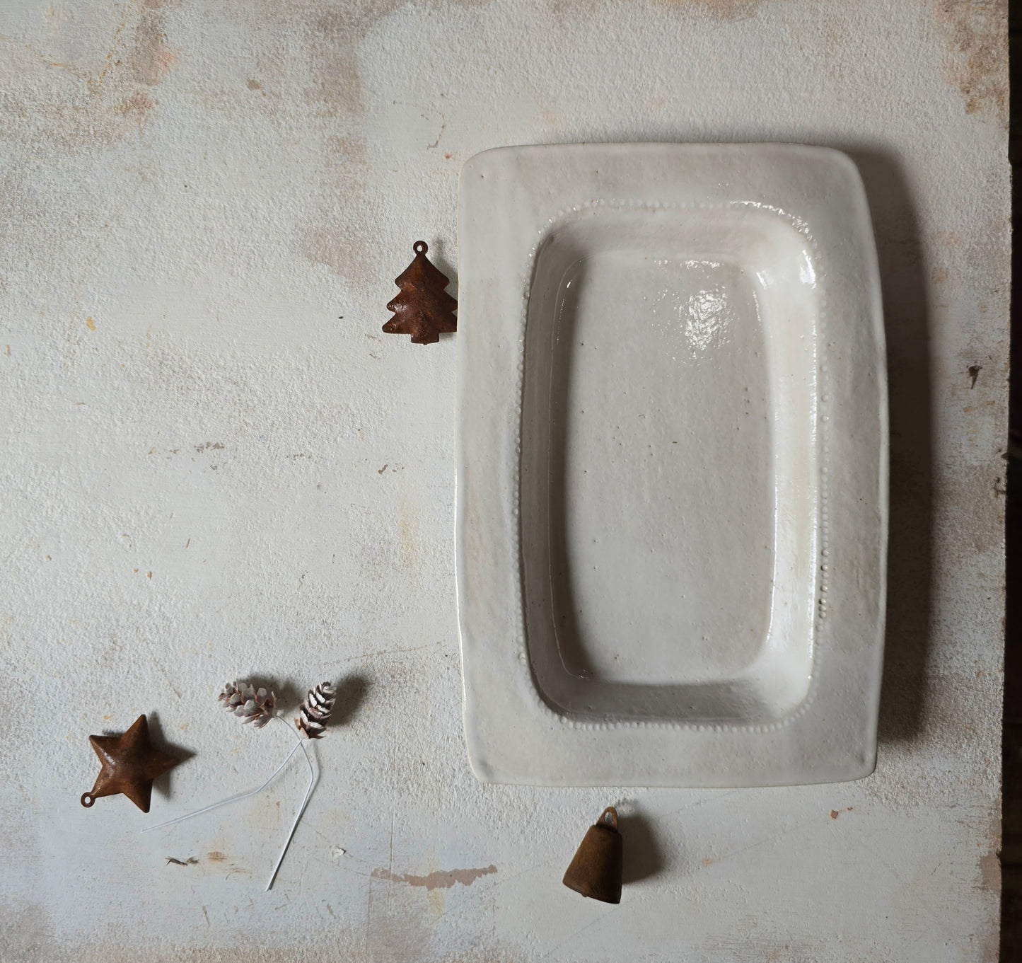 Handcrafted Milky White Rectangular Serving Dish — Imprinted Rim Design