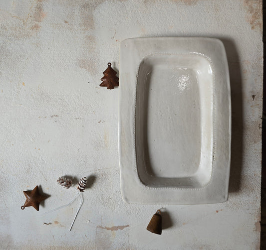 Handcrafted Milky White Rectangular Serving Dish — Imprinted Rim Design