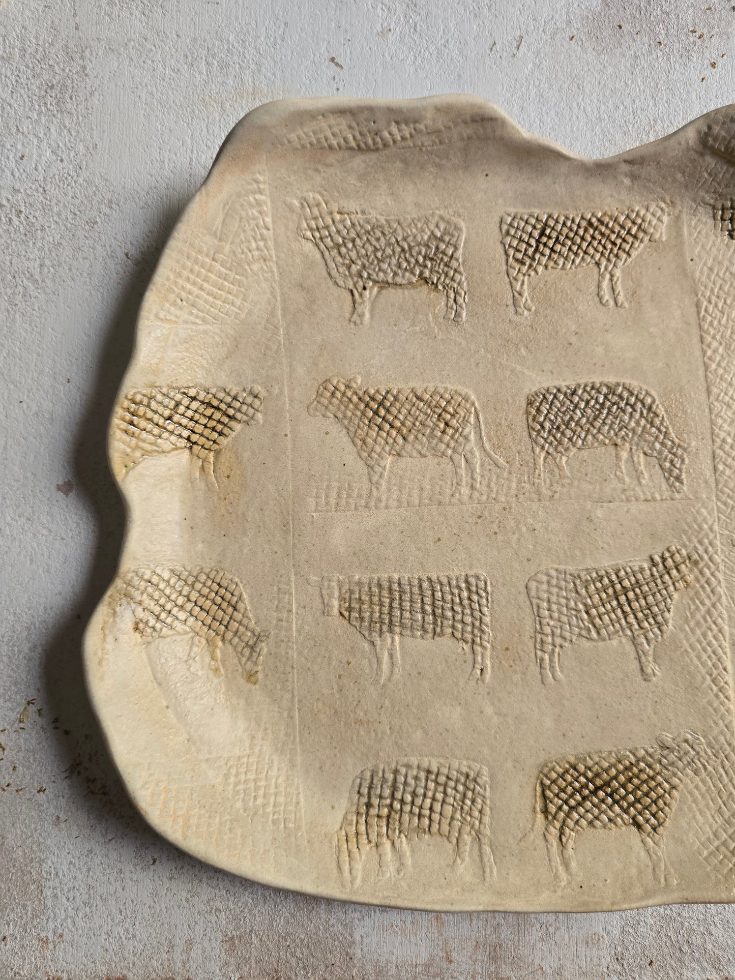 Handcrafted Organic Cow Platter | Matte Beige Ceramic with Olive Glaze | Rustic Country Serveware