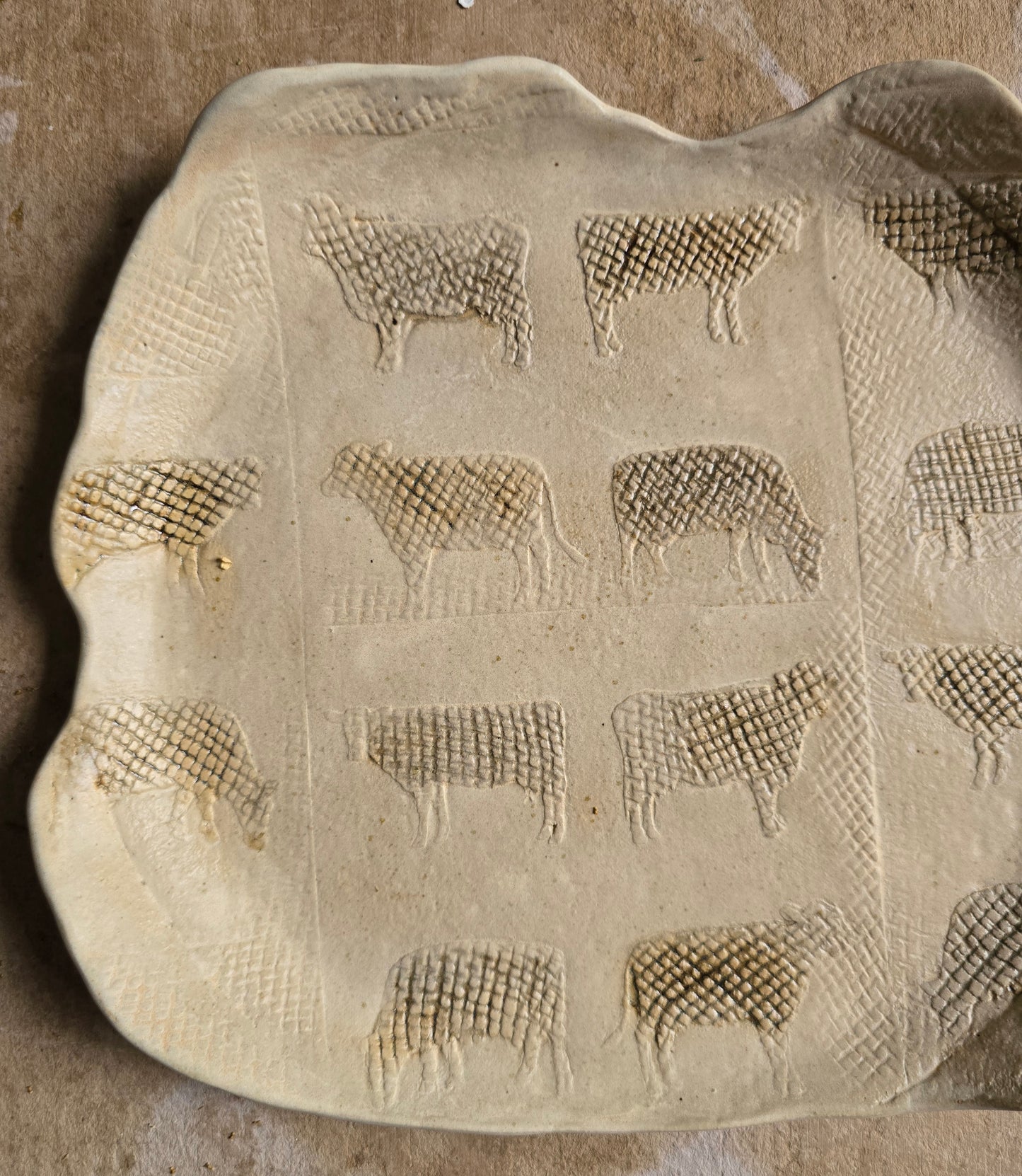 Handcrafted Organic Cow Platter | Matte Beige Ceramic with Olive Glaze | Rustic Country Serveware