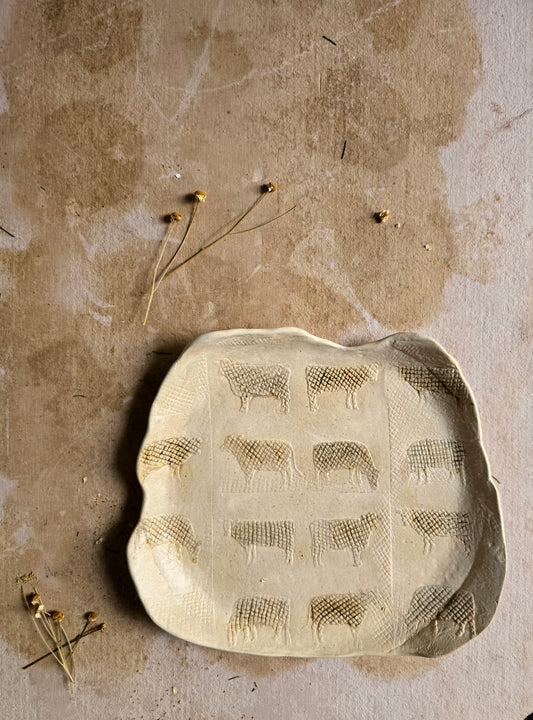 Handcrafted Organic Cow Platter | Matte Beige Ceramic with Olive Glaze | Rustic Country Serveware