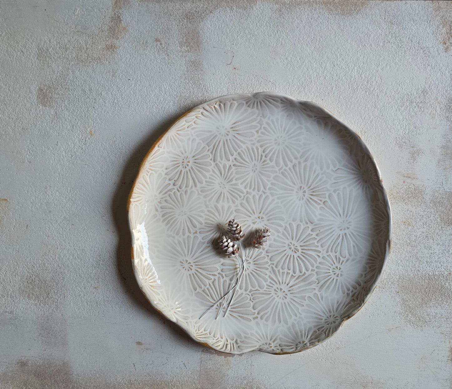 Handcrafted Daisy-Embossed Ceramic Serving Platter | White Glaze over Biscuit Clay | Timeless Entertaining & Family Serveware