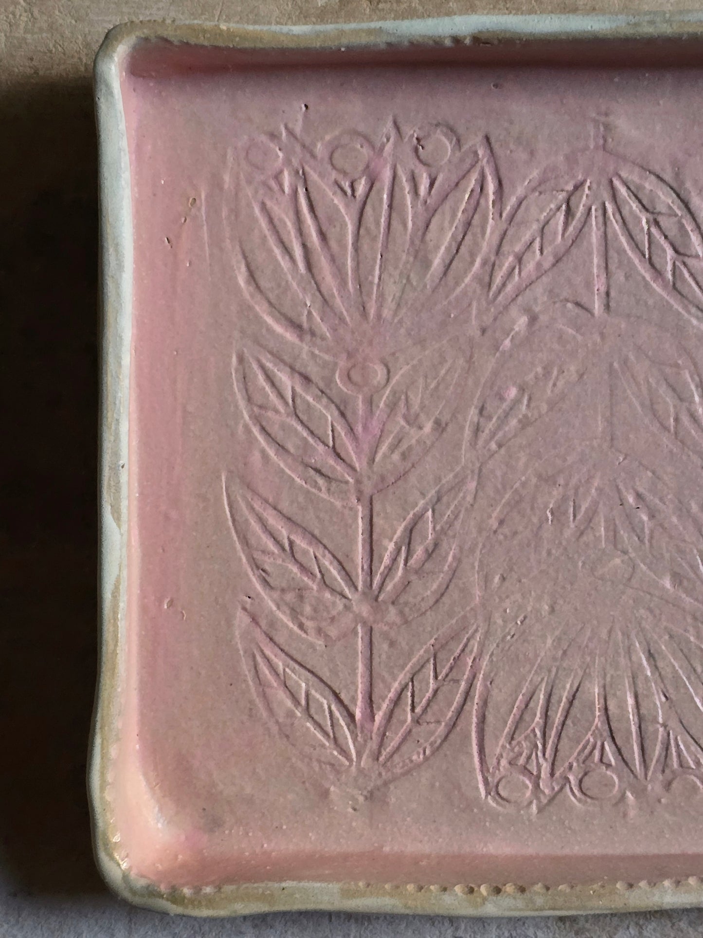 Handcrafted Rectangular Serving Tray | Dusty Pink Matte Glaze with Folk Art Floral Design | Rustic Pottery with Character