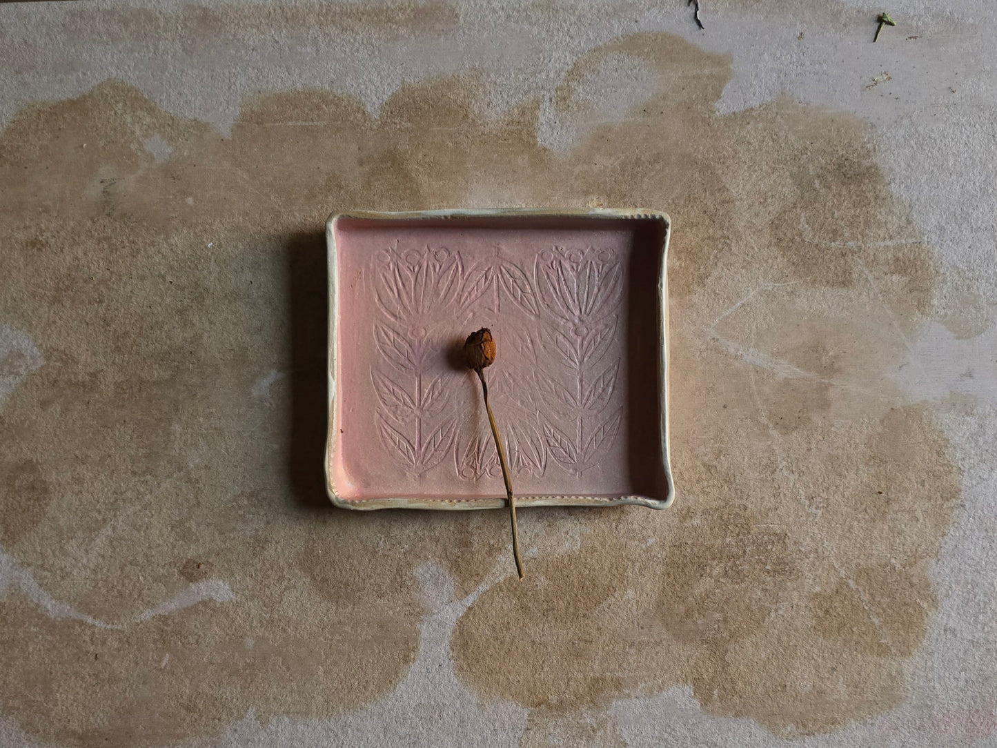 Handcrafted Rectangular Serving Tray | Dusty Pink Matte Glaze with Folk Art Floral Design | Rustic Pottery with Character