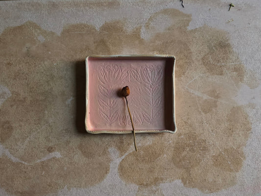Handcrafted Rectangular Serving Tray | Dusty Pink Matte Glaze with Folk Art Floral Design | Rustic Pottery with Character