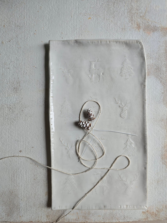 Handcrafted Glossy White Rectangular Serving Platter | Embossed Christmas Deer & Tree Motifs | Timeless Festive Serveware