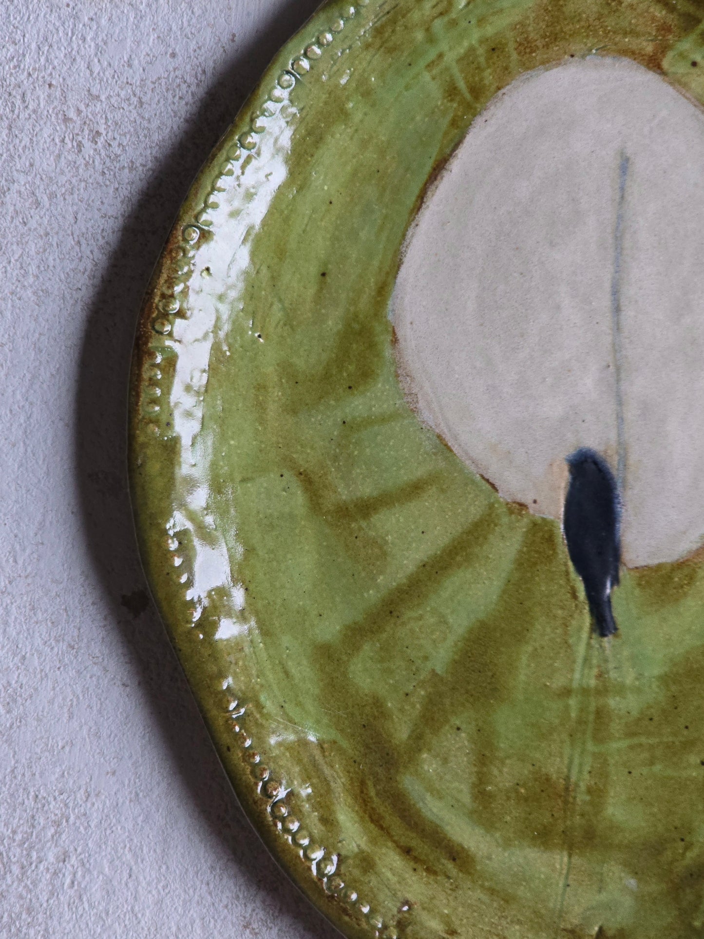 “A Wise Bird” – Handpainted Oval Ceramic Plate | Organic Form with Ornate Edge & Storytelling Design