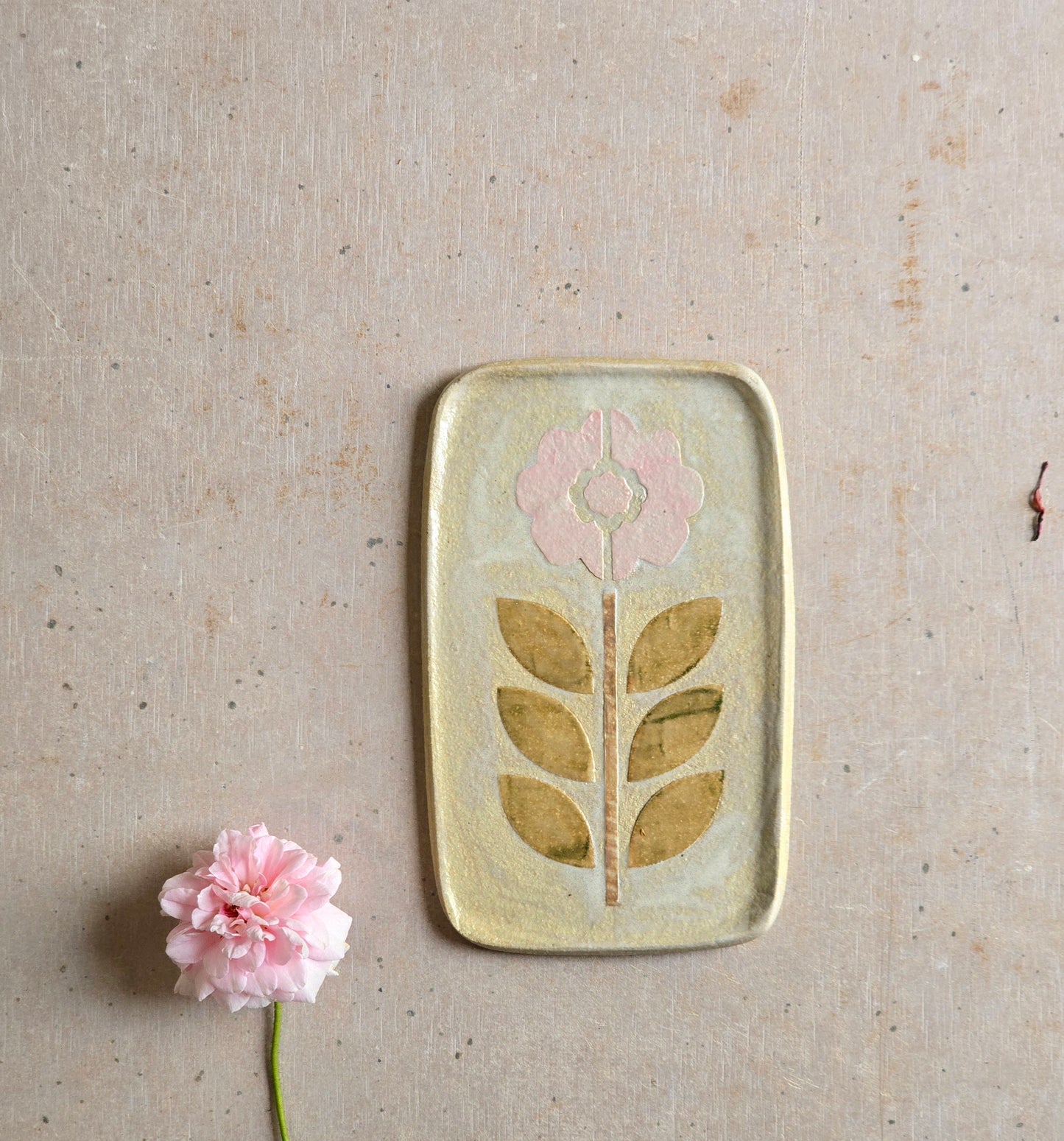 Handpainted Folk Art Flower Dish | Stony Beige Glaze with Pink Petals & Olive Green Leaves