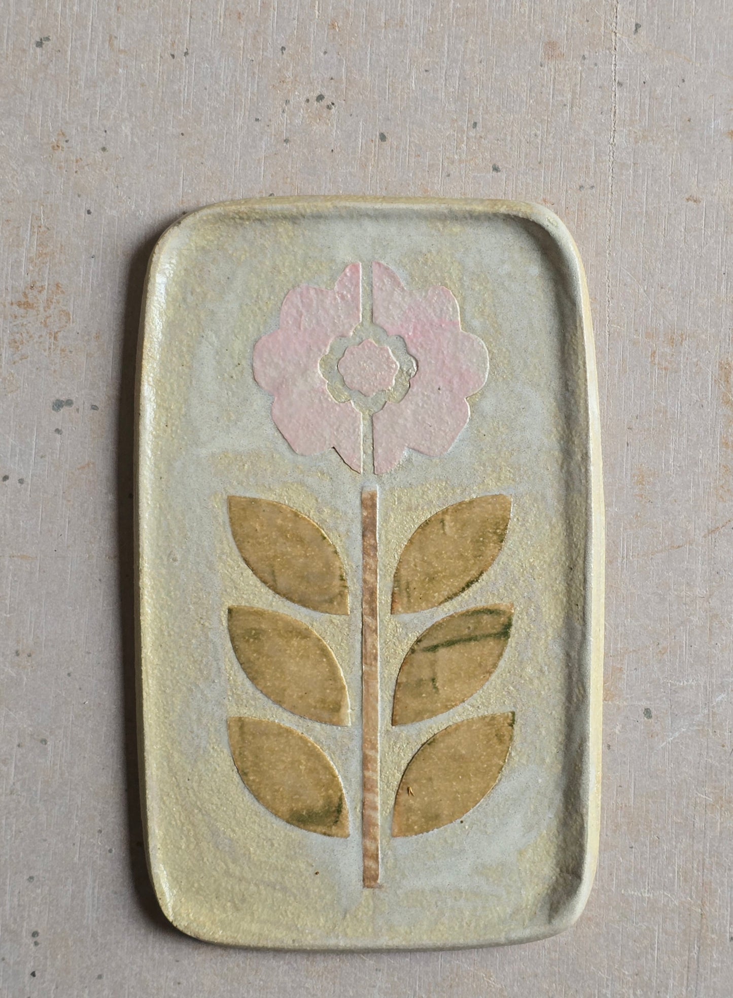 Handpainted Folk Art Flower Dish | Stony Beige Glaze with Pink Petals & Olive Green Leaves