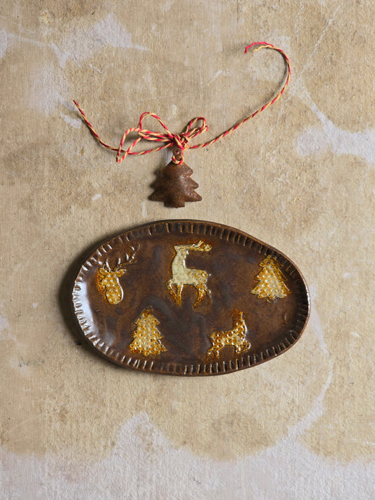 Handcrafted Chocolate Brown Oval Dish | Raised Deer & Christmas Tree Motifs | Rustic Ceramic Serveware & Gift