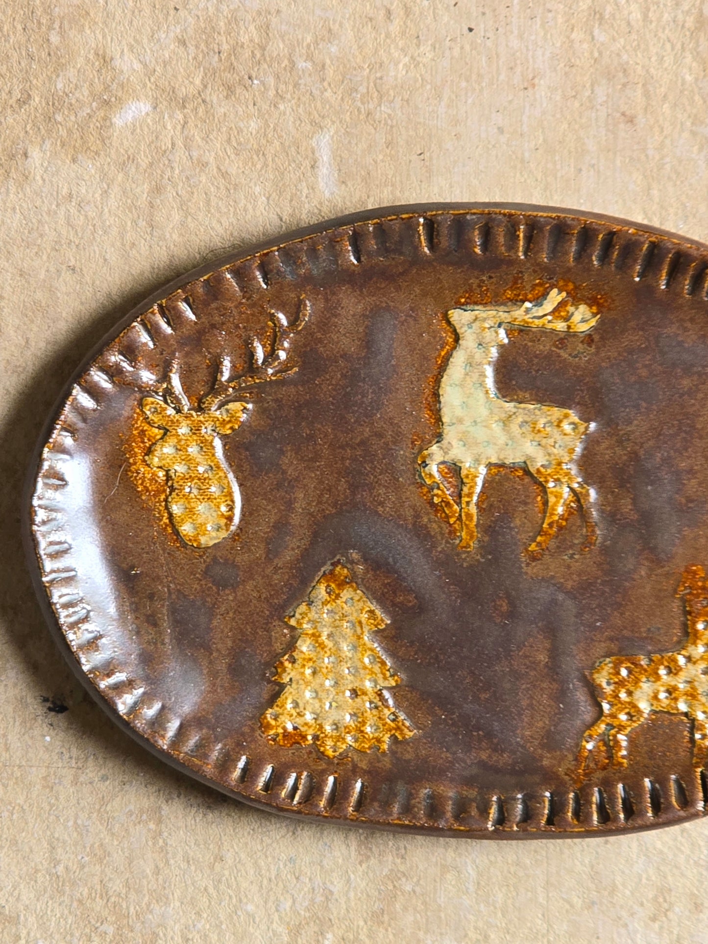 Handcrafted Chocolate Brown Oval Dish | Raised Deer & Christmas Tree Motifs | Rustic Ceramic Serveware & Gift