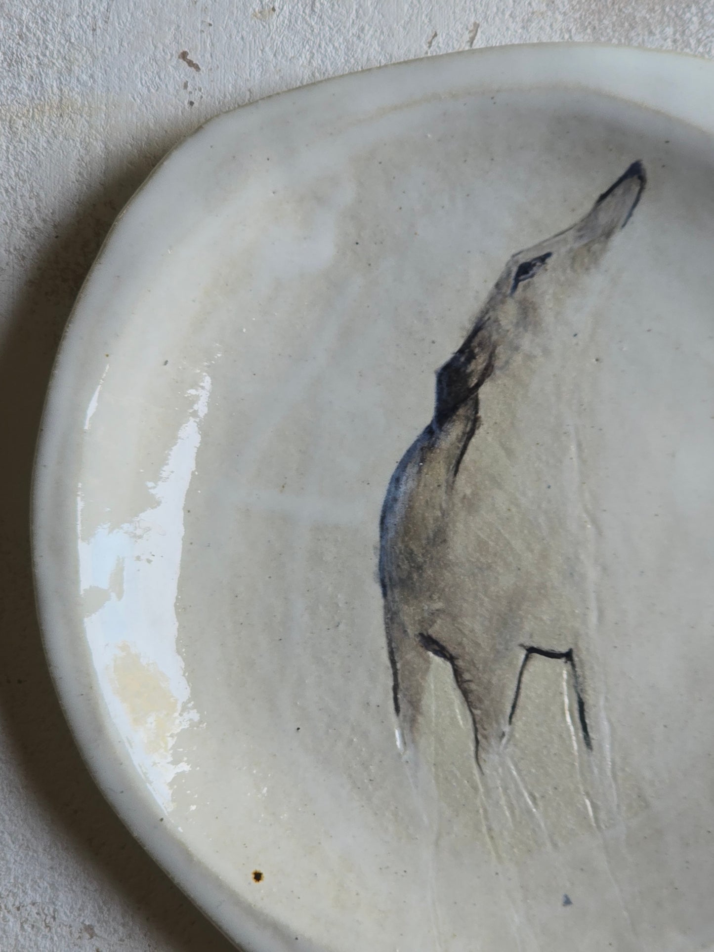 Handcrafted Hand-Painted “Finn the Whippet” Plate | Organic Shape with Glossy White Finish | Symbol of Hope & Trust