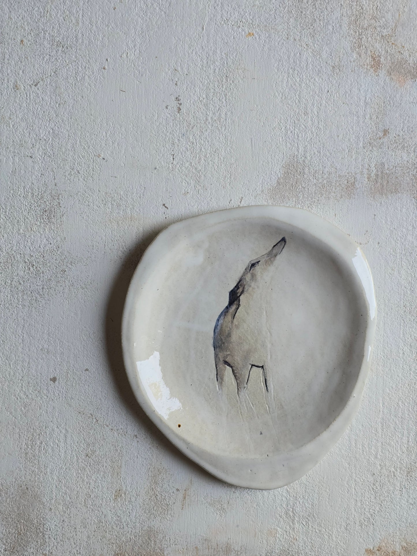 Handcrafted Hand-Painted “Finn the Whippet” Plate | Organic Shape with Glossy White Finish | Symbol of Hope & Trust