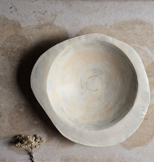 Organic Rim Round Bowl | Stony Beige Glaze with Olive & Apricot Accents