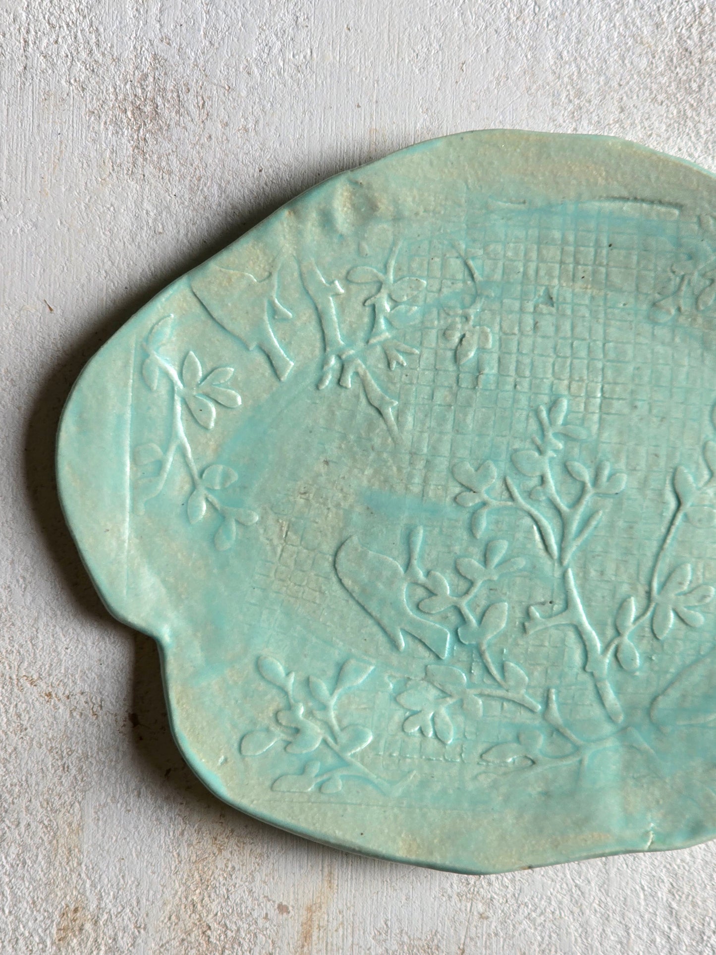 Matte Baby Blue Organic Plate with Botanical Motif | Handcrafted Ceramic Snack & Decor Plate