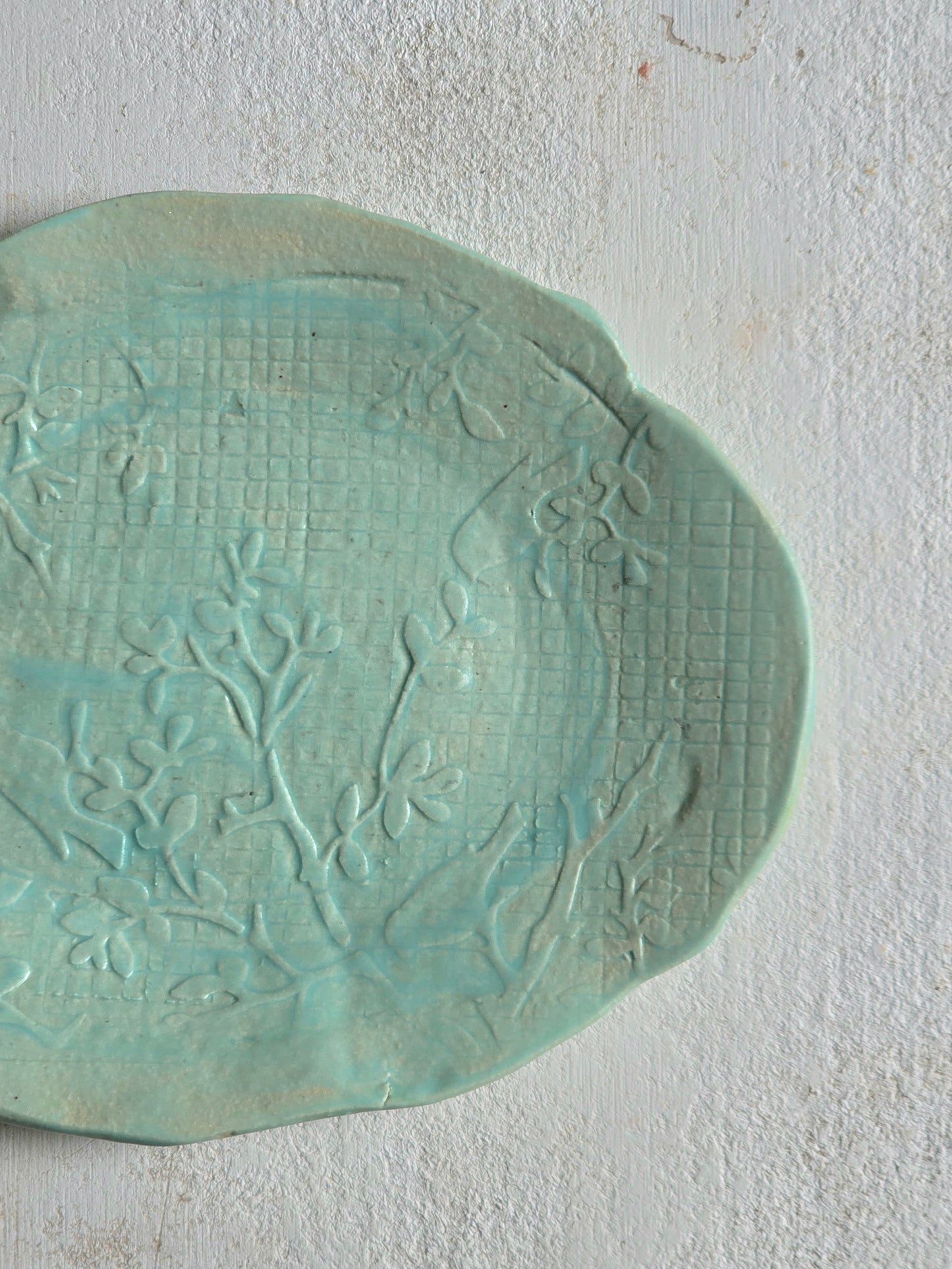 Matte Baby Blue Organic Plate with Botanical Motif | Handcrafted Ceramic Snack & Decor Plate