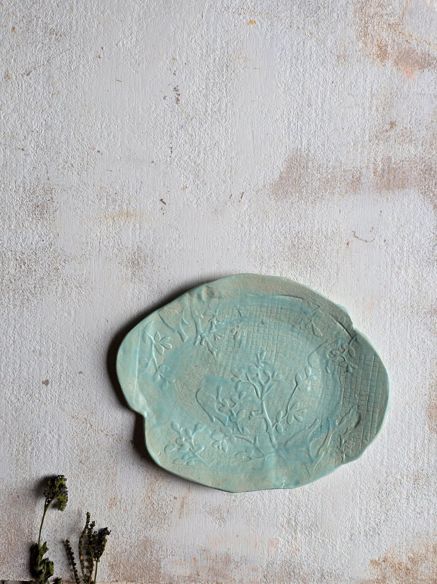 Matte Baby Blue Organic Plate with Botanical Motif | Handcrafted Ceramic Snack & Decor Plate