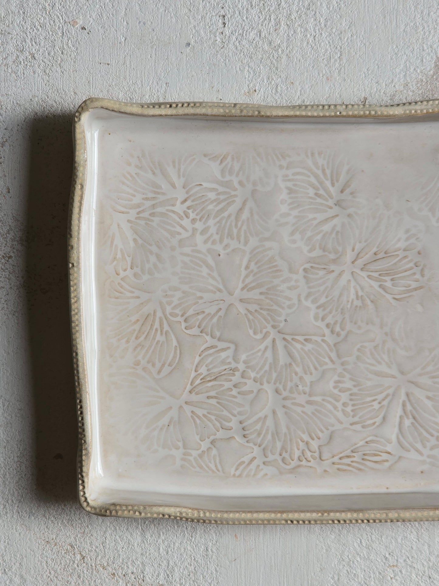 Handcrafted Rectangular Palm Leaf Serving Dish | White & Stony Beige Glaze | Contemporary Classic Pottery