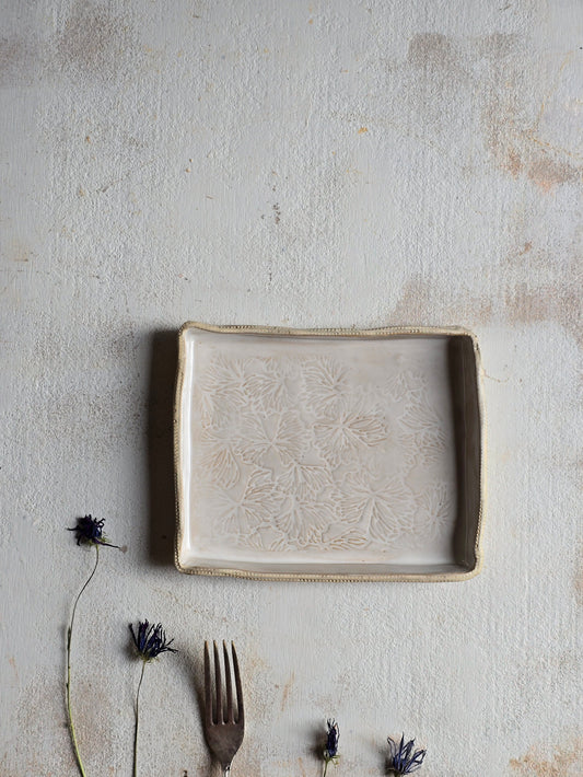 Handcrafted Rectangular Palm Leaf Serving Dish | White & Stony Beige Glaze | Contemporary Classic Pottery