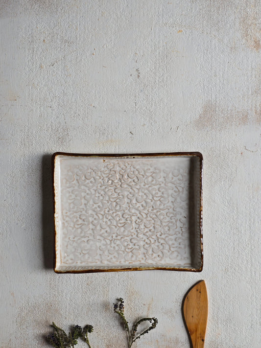 Handcrafted Rectangular Serving Tray | White Glaze with Raised Scroll Design & Chocolate Brown Exterior | Rustic Ceramic Serveware