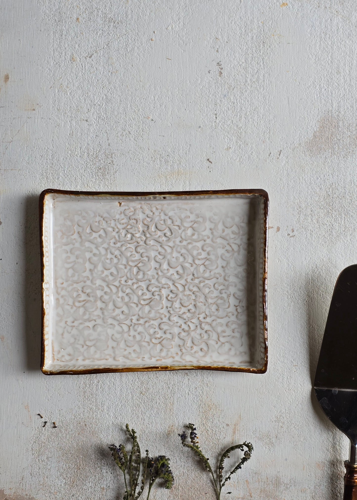 Handcrafted Rectangular Serving Tray | White Glaze with Raised Scroll Design & Chocolate Brown Exterior | Rustic Ceramic Serveware