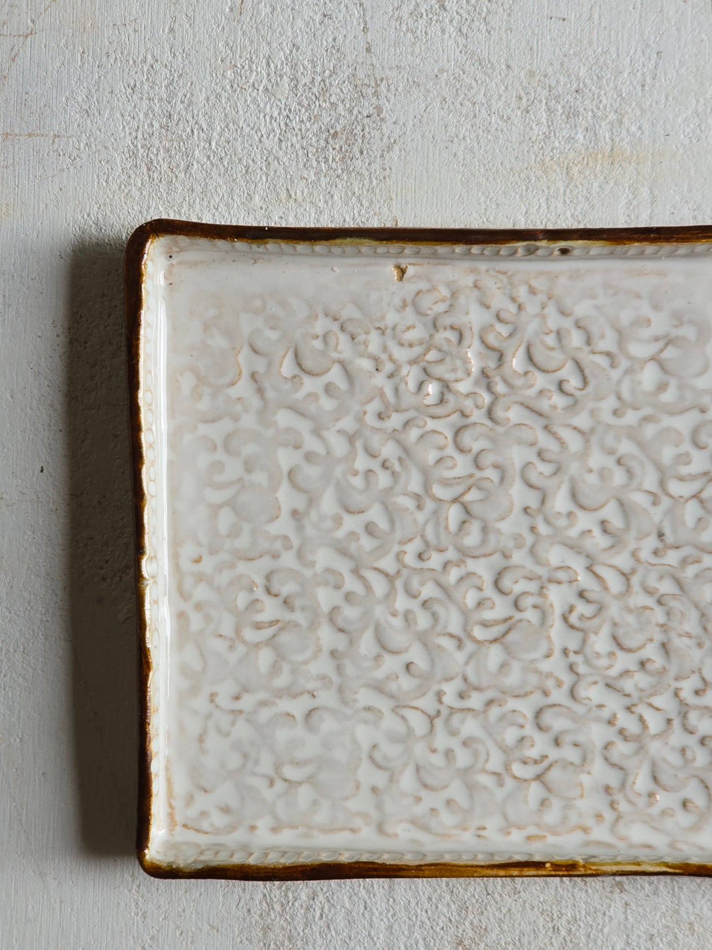 Handcrafted Rectangular Serving Tray | White Glaze with Raised Scroll Design & Chocolate Brown Exterior | Rustic Ceramic Serveware