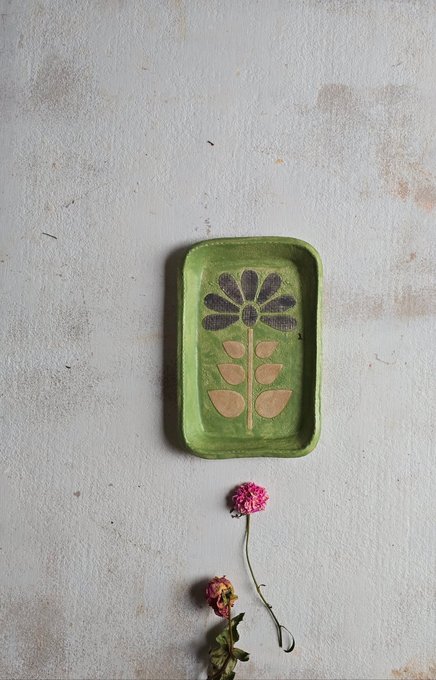 Handpainted Folk Art Flower Dish | Apple Green Textured Ceramic Snack Plate