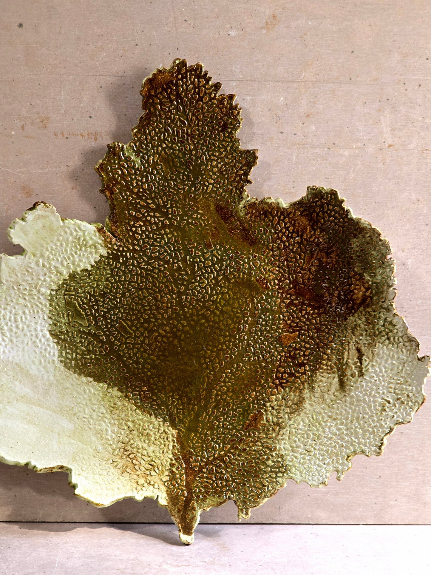 Handcrafted Big Leaf Maple Serving Platter – Sculptural Green Glaze with Vine Impressions