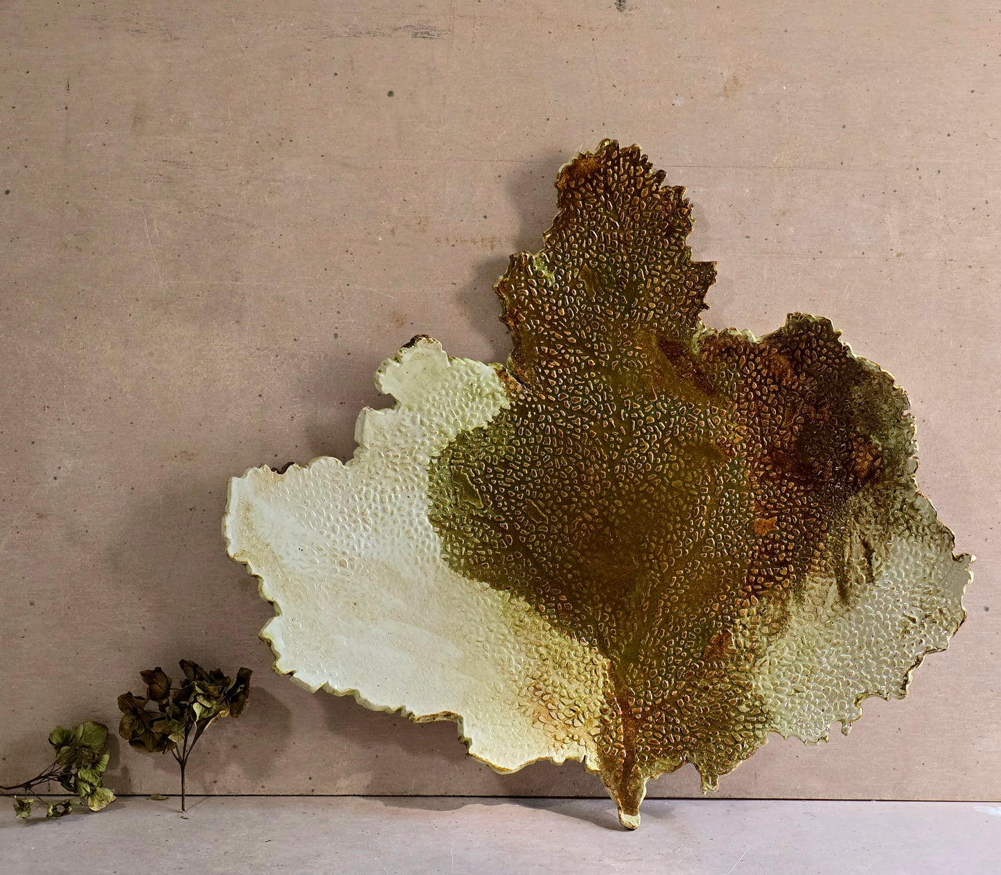 Handcrafted Big Leaf Maple Serving Platter – Sculptural Green Glaze with Vine Impressions