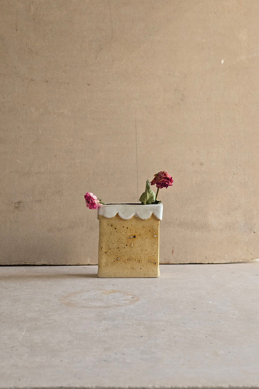 Life’s Carnival Vase | Handcrafted Ceramic with Scalloped White Edge & Textured Raw Clay