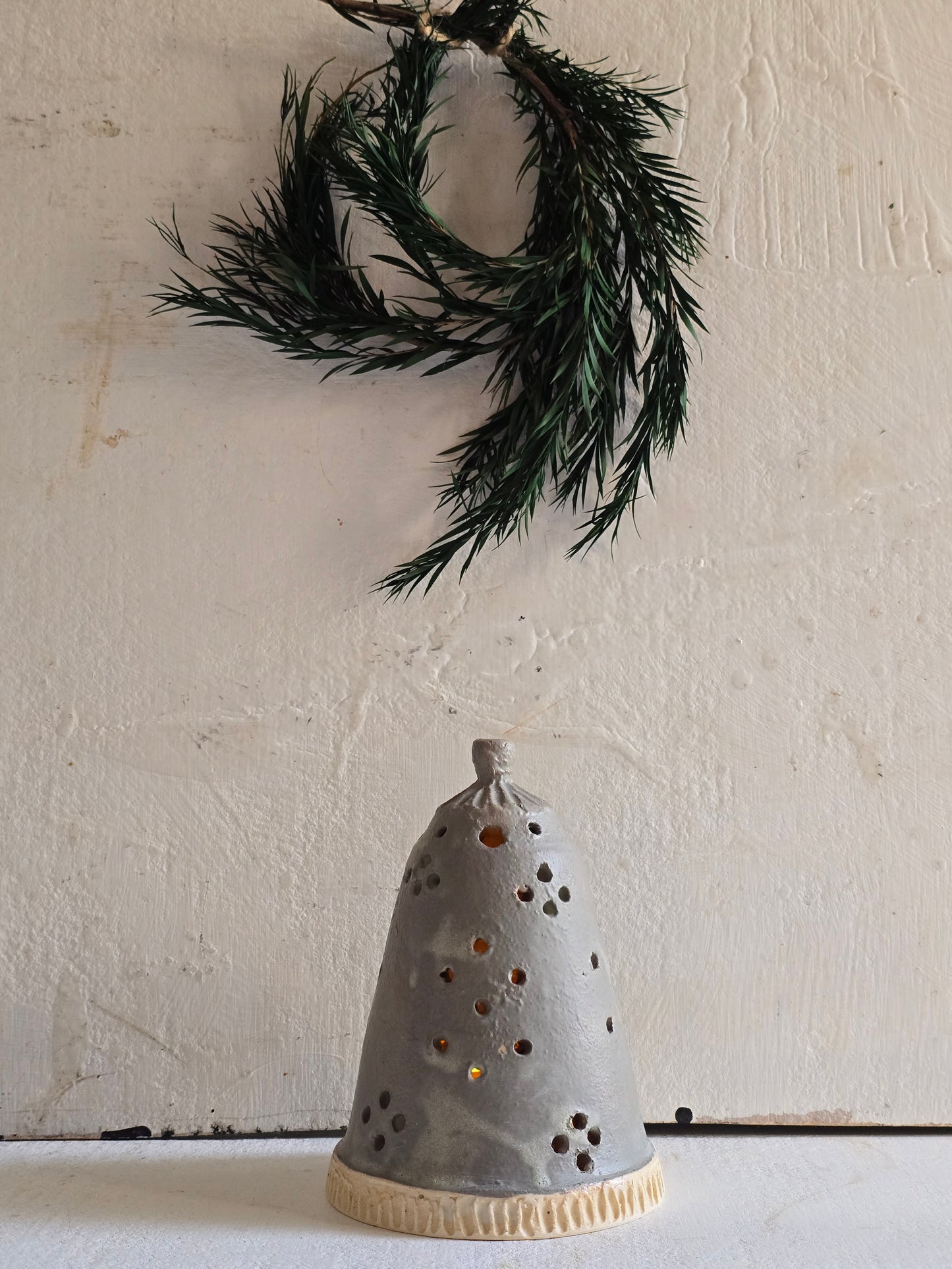 Handcrafted Winter-Green Glow Bell – Scribed Festive Stoneware Light Dome
