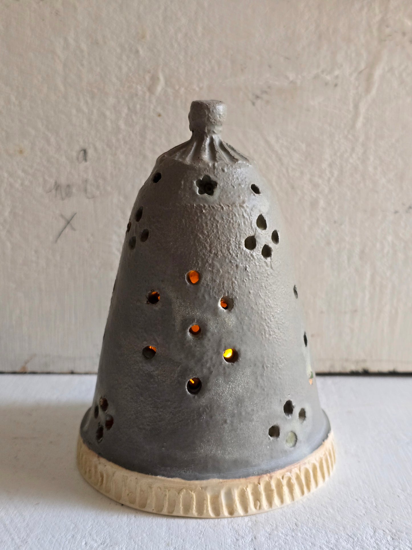 Handcrafted Winter-Green Glow Bell – Scribed Festive Stoneware Light Dome
