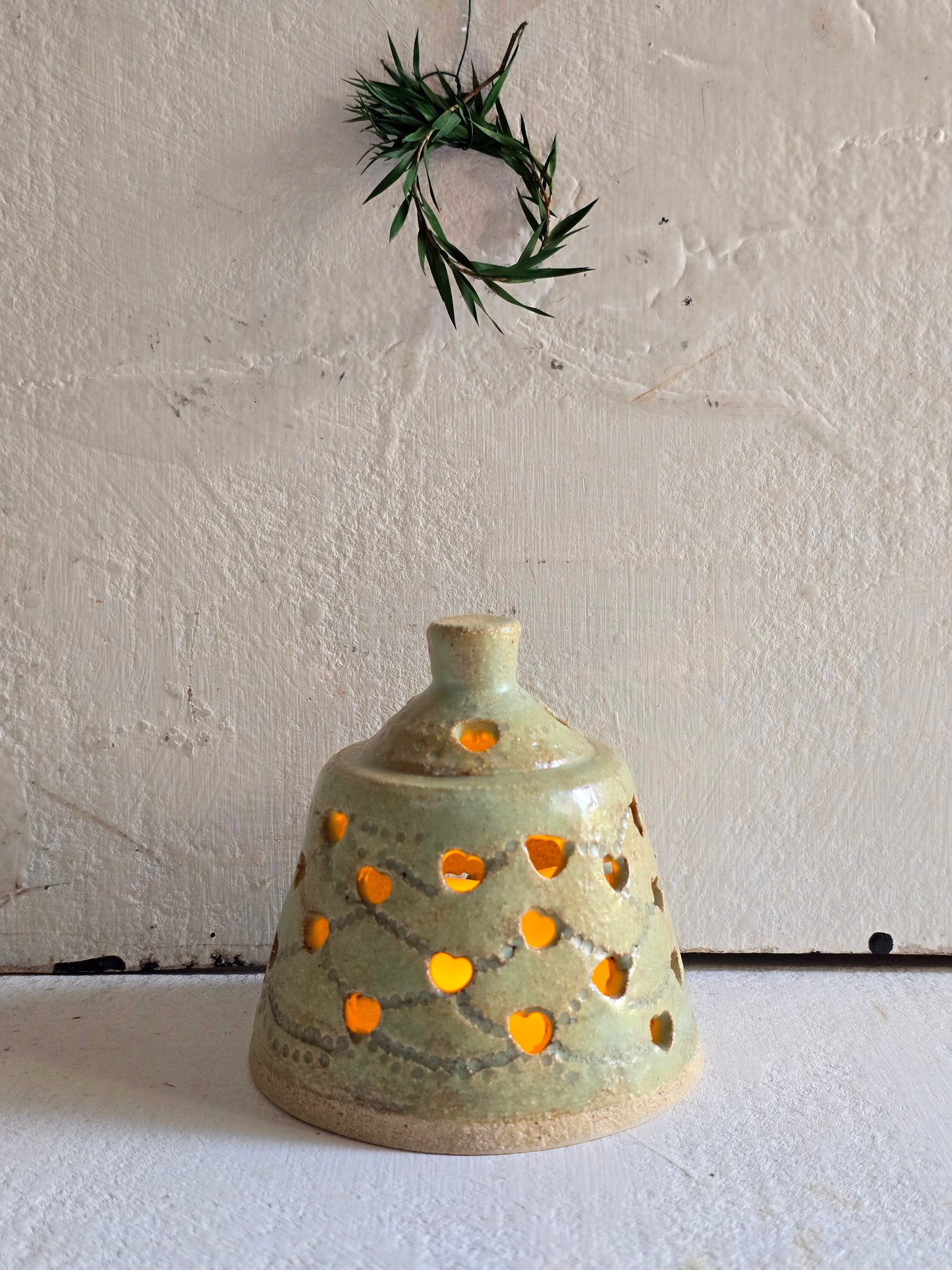 Handcrafted Winter-Green Glow Bell – Scribed Festive Stoneware Light Dome
