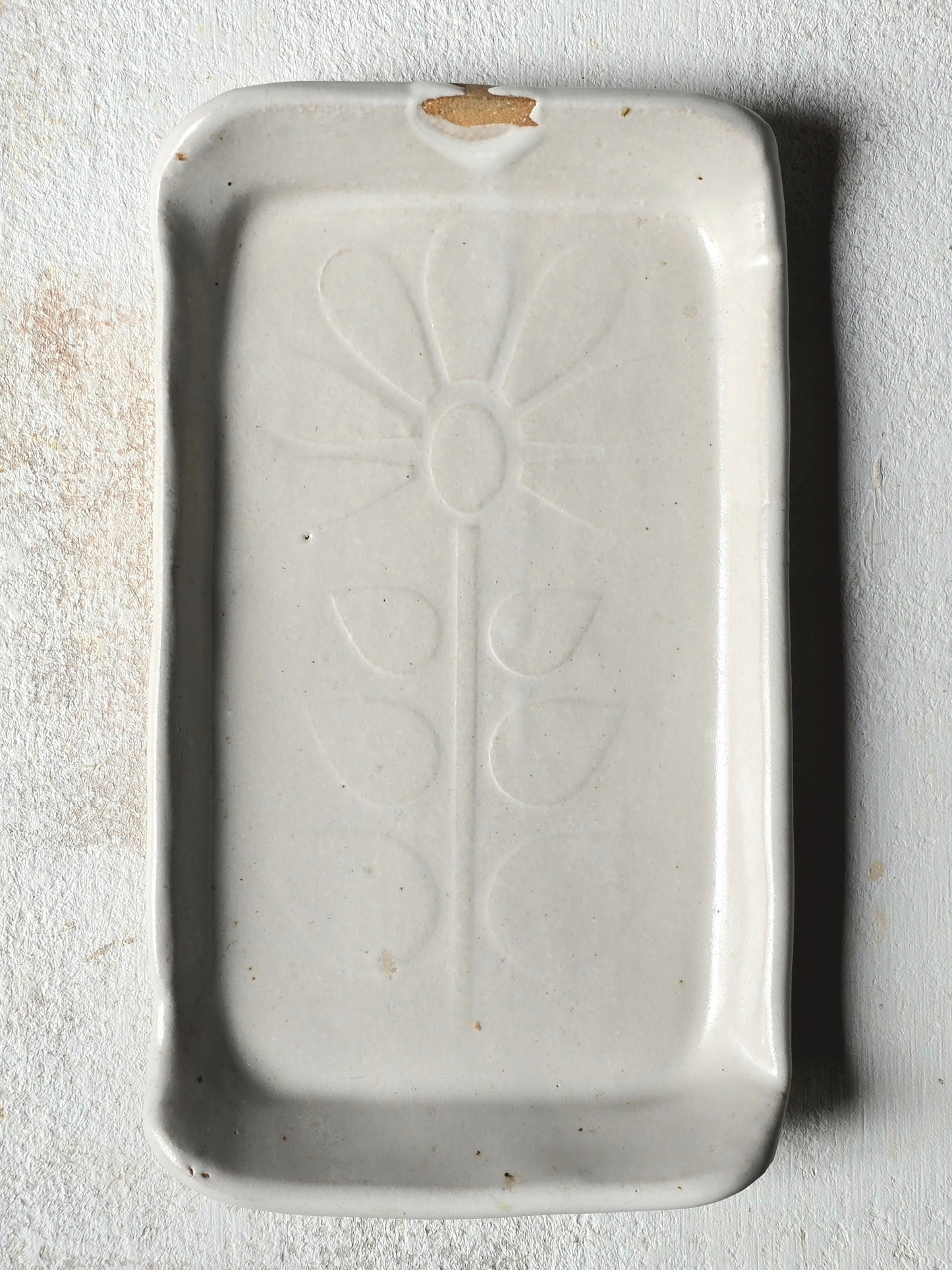Handcrafted Rectangular Serving Dish – Soft White Satin Glaze with Folk Art Flower Motif