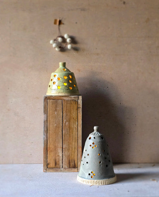 Handcrafted Winter-Green Glow Bell – Scribed Festive Stoneware Light Dome