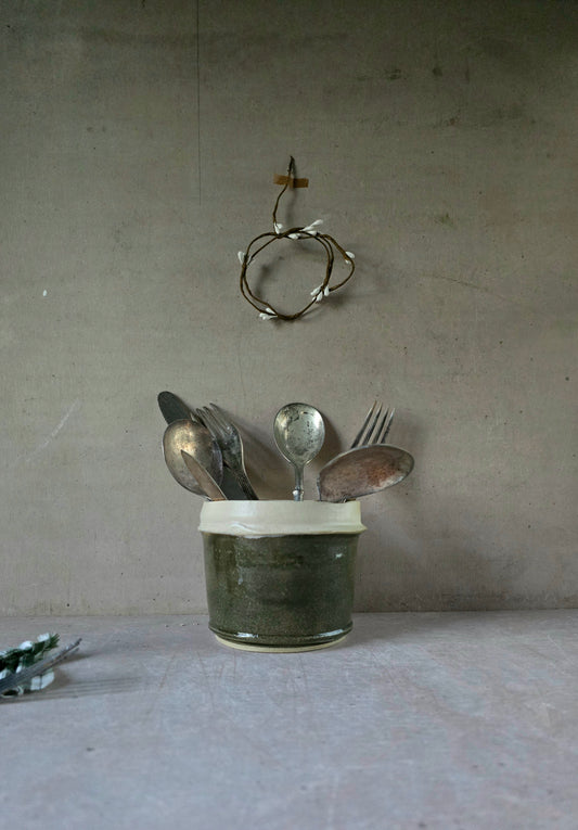 Handcrafted Dark Olive Stone-Rim Vessel – Rustic Organic Utility Piece