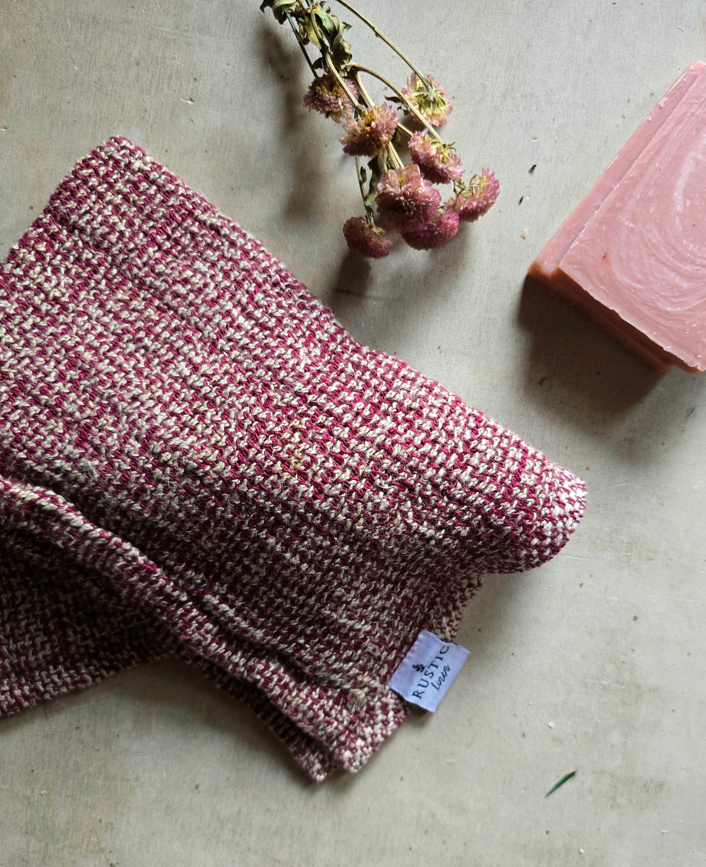 Rich Burgundy & Natural Linen wash cloth, Beautiful Quality